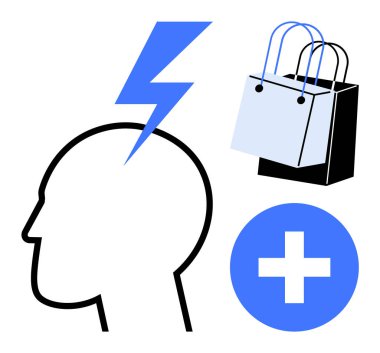 İnsan kafasına yıldırım, alışveriş torbaları ve tıbbi haç sembolü çarpmış. Ruh sağlığı, perakende terapi, sağlık, tüketici davranışı, stres, refah ve soyut metafor için ideal