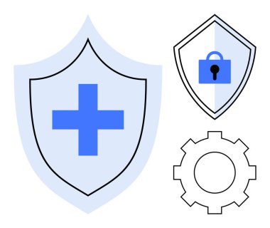 Mavi haç ve simgeleri dişli çarkın yanındaki kalkanlara kilitle. Siber güvenlik, veri koruması, sağlık güvenliği, sistem ayarları, özel güvenlik önlemleri, teknik destek için ideal. Temiz soyut çizgi düz