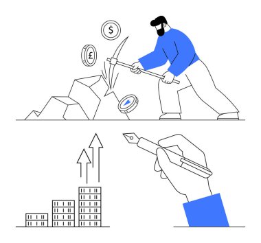 Madenci bozuk para topluyor, okları ilerlediğini gösteren bar çizelgesi strateji ve planlama için kalem tutuyor. Ticari büyüme, yatırım, finans, başarı, analiz ve yenilik için ideal