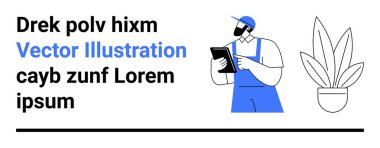 Tulumlu işçi elinde tablet, sağda saksı bitkisi tutuyor. İş, teknoloji, üretkenlik, iş yönetimi, tarım, minimalizm, kurumsal düz iniş sayfası afişi için ideal