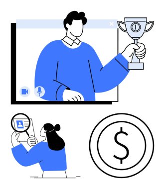 Bir video görüşmesinde ödül sahibi olan kişi, bir başkası kullanıcı profilini inceler dolar işareti kazanma potansiyelini temsil eder. Başarı, başarı, işe alım, ödül, değer biçme motivasyonu için idealdir. Düz
