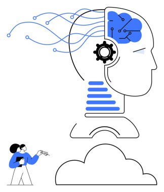 Sinirsel bulut devreleri, veri hatları ve yapay zekayı sembolize eden bir donanım olan insan kafası. Araştırmacı bulut ile etkileşimde. Teknoloji, yapay zeka, yenilik, araştırma, bağlantı bulut hesaplaması için ideal