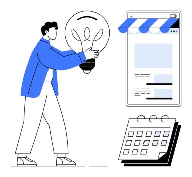 Dijital mağaza arayüzü ve takvim yakınlarındaki yaratıcılığı sembolize eden ampul tutan kişi e-ticaret stratejisi, planlama ve fikir geliştirme öneriyor. Yenilik ve girişimcilik için ideal.