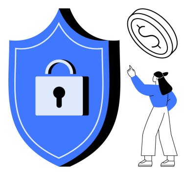 Kilitli kalkan güvenliği simgeler, madeni para parayı simgeler, kadın vurgu için işaret eder. Finans, güvenlik, güven, yatırım, tasarruf koruma temaları için idealdir. Düz basit metafor