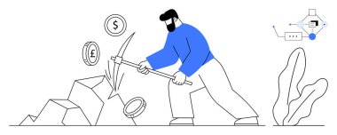 Kripto para birimlerini, görüntü zincirini ve soyut bitkileri toplamak için kazmayla taş kıran biri. Finans, kripto madenciliği, blok zinciri, ekonomi, yatırım, teknoloji dijital için ideal