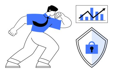 Mavi gömlekli ve kravatlı bir adam yükselen grafiği ve asma kilidi olan bir kalkanı olan bir çizelgenin yanına doğru ilerliyor. İş güvenliği, büyüme, koruma, başarı, strateji ve finans için ideal