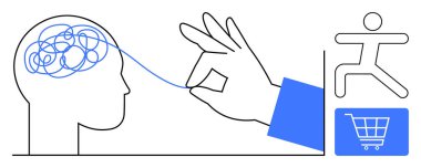 Beyni çözen karmaşık iplikler, hareket halindeki insan figürü ve bir alışveriş arabası. Problem çözme, berraklık, karar verme, odaklanma, üretkenlik yeniliği e-ticaret için idealdir. Düz basit