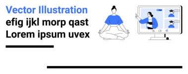 Eğitmen bilgisayar ekranında çevrimiçi bir ders verirken bir kadın oturmuş meditasyon yapıyor. Sağlık, farkındalık, rahatlama, meditasyon, yoga, uzaktan öğrenme için idealdir.