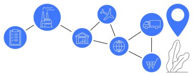 Fabrika, depo, uçak, kamyon, araba, kontrol listesi. Lojistik, tedarik zinciri taşıma e-ticaret teslimatı, küresel ticaret sektörü için ideal. Düz basit