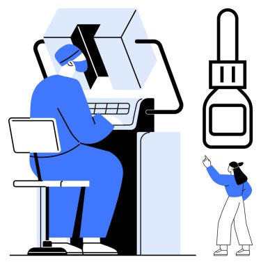 Sağlık çalışanı yüksek teknolojili cihaz kullanıyor ve bir görgü tanığı aletleri işaret ediyor. Bilim, araştırma, tanı, yenilik, sağlık, teknoloji ve eğitim için ideal. Düz basit metafor
