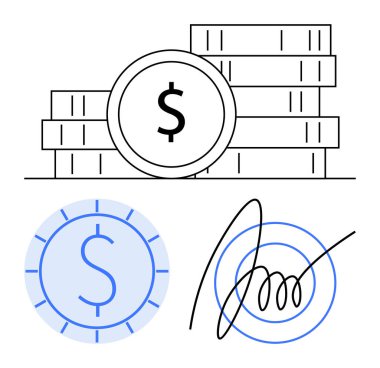 Birikmiş bozuk paralar, yuvarlak dolar simgesi ve el yazısıyla imzalar. Finans, bankacılık, yatırım, işlem, güvenlik dijital ödemeleri yasal belgeler için idealdir. Düz basit metafor