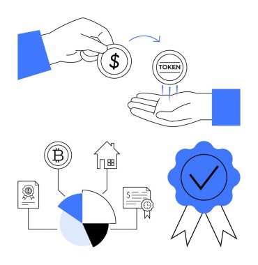 Sermaye grafiğinin, bitcoin 'in, evin ve sertifika belgelerinin üzerindeki jetonla el değiştiriyoruz. Kripto para birimi, dijital yatırım, engelleme zinciri kullanımı, finansal teknoloji, simgeleme için ideal