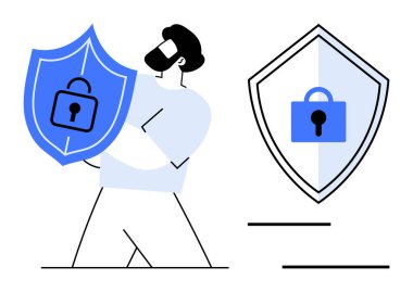 Kalkan ambleminin yanında asma kilit olan bir kalkan tutan kişi. Siber güvenlik, veri koruması, gizlilik güvencesi, bilgi güvenliği, güvenli iletişim, çevrimiçi güvenlik, dijital
