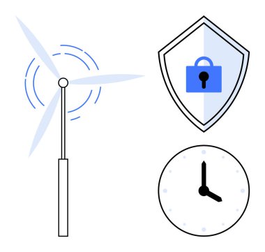 Rüzgar türbini enerji üretiyor, siber güvenlik için kilitli kalkan, zaman yönetimi için saat. Sürdürülebilirlik, güvenlik, dakiklik, verimlilik, teknoloji entegrasyonu, kaynak