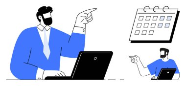 Mavi takım elbiseli adam dizüstü bilgisayarda çalışıyor, birilerini işaret ediyor, takviminde tarihler var. Üretkenlik, görev yönetimi, planlama, planlama, iş organizasyonu, zaman yönetimi iş akışı için ideal