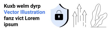 Koruyucu kalkanın içindeki kilit siber güvenliği simgeliyor. Oklar büyümeyi, yeniliği temsil eder. Soyut bitki denge sağlar. Güvenlik, teknoloji, büyüme, koruma, yenilik stratejisi için ideal