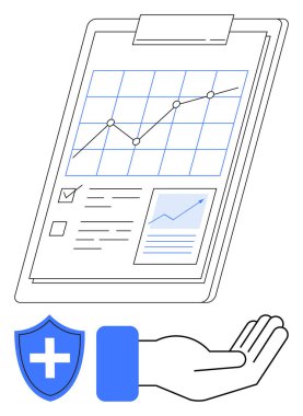 İstatistikleri, trend grafiklerini ve kontrol listesini gösteren pano. Mavi kalkan ve çapraz ve açık el. Sağlık, sigorta, güvenlik ve araştırma verilerinin korunması için ideal. Düz basit