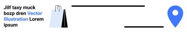 Satışlar, e-ticaret, konum hizmetleri, teslimat, navigasyon, pazarlama ve haritalama ile bağlantılı mavi konum broşürünün yanındaki alışveriş torbası. Basit bir iniş sayfası için ideal