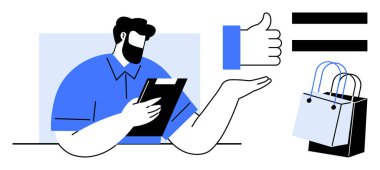 Pano tutan adam, başparmakları dengeleyen sembol ve alışveriş torbaları, müşteri memnuniyetini gösteriyor. E-ticaret, hizmet kalitesi, tüketici davranışı, değerlendirmeler, dijital pazarlama, iş dünyası için ideal