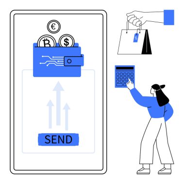 Cüzdanı, bozuk paraları olan akıllı bir telefon, ve gönderme tuşu, alışveriş torbaları, ve masrafları hesaplayan bir kadın. E-ticaret, fintech, bütçe, dijital işlem alışverişi için ideal