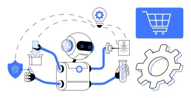 Alet, kalkan, alışveriş arabası, ambalaj kutusu ve DNA şişesiyle robot çoklu görevi. Yapay zeka, otomasyon, yenilik e-ticaret veri güvenliği araştırma teknolojisi için ideal. Düz basit metafor