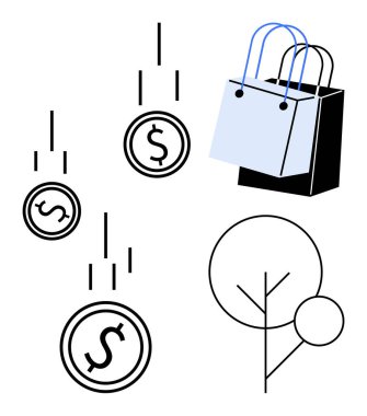 Düşen paraların yanında alışveriş torbaları ve bir ağaç. Temalar için ideal olan e-ticaret, harcama, finans, çevre, sürdürülebilirlik, ekonomik büyüme ve yatırım. Asgari soyut çizgi düz