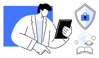 Profesyonel okuma tableti, ekranı işaret ediyor, siber güvenlik kalkanı, dünya, açık kitap ve yörünge halkalarının yanında. Teknoloji, eğitim, siber güvenlik dijital öğrenme için ideal