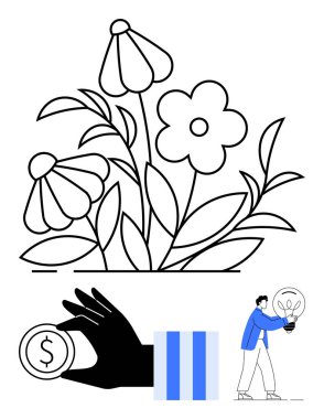 Bozuk para tutan siyah beyaz çiçekler ve ampulü temsil eden bir figür. Doğa, sürdürülebilirlik, çevre dostu iş, yatırım, yenilik, yaratıcılık, girişimcilik için ideal