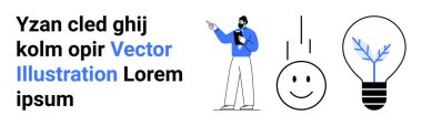 Gülümseyen bir yüz ve ampulle birlikte sunulan pano yaratıcılığı, pozitifliği ve yeniliği sembolize ediyor. İş, eğitim, yaratıcılık, teknoloji ve ilham için ideal