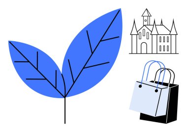Siyah-beyaz bir kale çizimi ve alışveriş torbalarının yanında büyük mavi bir yaprak. Sürdürülebilirlik, çevre dostu yaşam, alışveriş, çevre, miras, doğa, minimalizm için idealdir. Temiz çizgi düz metafor