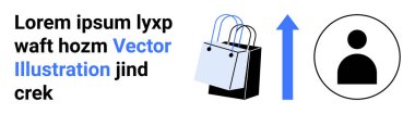 Alışveriş torbaları, kullanıcı profili simgesi ve büyümeyi gösteren yukarı doğru ok. E-ticaret, alışveriş eğilimleri, pazarlama, perakende verileri, tüketici davranışı, iş stratejisi düz iniş sayfası afişi için ideal