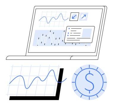 Grafikleri gösteren dizüstü bilgisayar, veri içgörüsü olan analitik gösterge paneli ve bir dolar simgesi. Finans, yatırım, iş büyümesi, ekonomik analiz, piyasa eğilimleri, başarı planlama sade