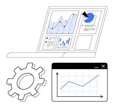 Laptop analitik grafikleri, grafikleri ve pasta grafiğini vites ve gösterge panelinin yanında gösterir. Analiz, performans izleme, teknoloji, iş stratejisi, verimlilik, planlama dairesi için ideal