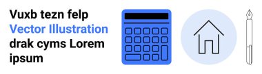 Mavi hesap makinesi, ev ikonu iç daire, ve kalem ev bütçesi, finans, tasarım ve yaratıcı planlama iletin. Finans uygulamaları için ideal, ev iyileştirmesi, eğitim sektörü stratejisi ve basit