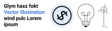Dolar sembolü, ampul ve rüzgar türbini finans, yenilik ve yenilenebilir enerjiyi simgeler. Sürdürülebilirlik için ideal, yeşil yatırımlar, teknoloji, eko-ticaret temiz enerji eğitimi için basit