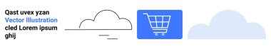 Bulutların minimalist çizimleri ve e-ticareti, veri depolamayı ve teknolojiyi vurgulayan bir alışveriş arabası. Perakende, teknoloji, pazarlama, analitik, iş dünyası sosyal medyası için ideal