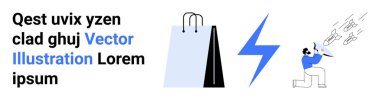 Bir yıldırımın yanında alışveriş torbası ve kağıda fikir çizen biri. Yaratıcılık, e-ticaret, enerji, tasarım kavramları, yenilik, beyin fırtınası ve basit bir iniş sayfası için ideal
