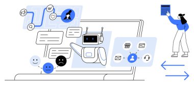 Robot, sohbet mesajları, simgeler ve dizüstü bilgisayardaki simgelerle etkileşime geçiyor. Yakınlarda veri analizi yapan bir kadın. Otomasyon, yapay zeka, teknoloji, destek, sanal müşteri hizmetleri için ideal