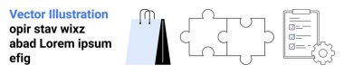 Alışveriş torbası, birbirine kenetlenmiş yapboz parçaları, işaretli görevlerle kontrol listesi ve vites simgesi. İş stratejisi, e-ticaret, takım çalışması, organizasyon, planlama verimliliği için ideal basit bir iniş sayfası