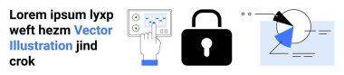 El kontrol paneli, güvenli kilit sembolü ve pasta şeması ile etkileşim halinde. Siber güvenlik, veri koruması, teknoloji, analitik, mahremiyet, basit iniş sayfaları için ideal