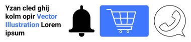 Siyah çan, mavi alışveriş arabası ve telefon hattı ikonları. Bildirimler, e-ticaret, müşteri desteği, iletişim, çevrimiçi iş, kullanıcı arayüzü basit iniş sayfası
