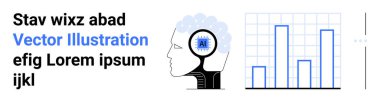 İçinde yapay zeka ağı görüntüsü olan bir insan kafasının profili, bar çizelgesi analizinin yanında. Yenilik için ideal, AI, veri analizleri, gelecekteki teknoloji, eğitim, araştırma, basit iniş sayfası