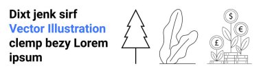 Ağaç, bitki yaprağı, büyüme temsilcisi olarak para sikkeleri ve yer tutucu metin. Finans, yatırım, sürdürülebilirlik, eko-ticaret, doğa projeleri için ideal eğitim sade iniş sayfası