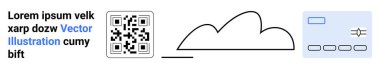 QR kodu, soyut bulut şekli, düğmeler ile fonksiyonel arayüz ve yer tutucu metin. Teknoloji, bulut hizmetleri, yenilik, veri erişimi, mobil uygulamalar için ideal dijital iş akışı sade iniş