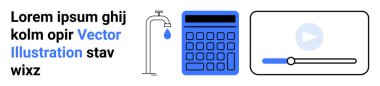 Damlalı su musluğu, mavi hesap makinesi, çalma düğmeli video oynatıcı ve kaydırma çubuğu. Eğitim, kamu hizmeti yönetimi, dijital araçlar, e-öğrenim, bütçe, verimlilik basit iniş sayfası