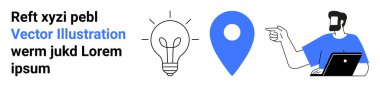 Elinde dizüstü bilgisayar tutan bir iş adamı harita iğnesi ve ampule doğru hareket ediyor. Yenilik için ideal, takım çalışması, rehberlik, beyin fırtınası, yaratıcılık, navigasyon, fikir üretimi. Düz iniş sayfası için mükemmel
