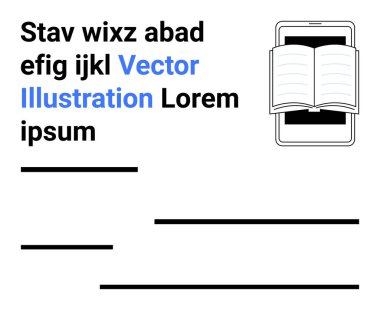 Akıllı telefon, metin düzeni için yer tutucu metin ve satırları olan açık bir dijital kitap görüntülüyor. Dijital okuma, öğrenme, eğitim, yayınlama, içerik oluşturma, teknoloji, web tasarımı için ideal