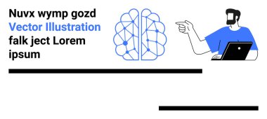 Bir adam beyin ağı diyagramına doğru dizüstü hareketler yapıyor, yenilik, işbirliği, yapay zeka, eğitim, yaratıcılık, araştırma ve teknolojiyi temsil ediyor. Pankartlar için ideal bilgi aktarımı düz iniş