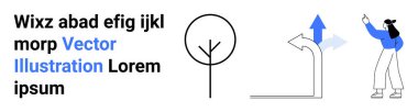 Yol işaretinin yanındaki yukarı doğru hareket eden kadın, minimalist ağaç. Karar verme, navigasyon, strateji, rehberlik, basitlik, eğitim, basit iniş sayfası için ideal