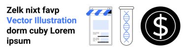 Mobil vitrin penceresi, DNA sarmalı test tüpü ve siyah daire şeklinde dolar işareti. E-ticaret, bilim, finans, yenilik, teknoloji, biyoteknoloji ve basit bir iniş sayfası için ideal